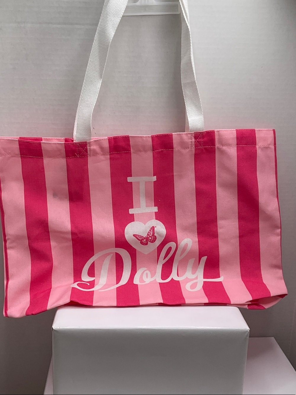 Pink Striped Dolly Logo Tote Bag with White Handles - Picture 1 of 1